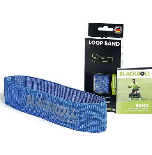 Blackroll Loop Band exercise bands with high quality, skin friendly fabric for resistance training, muscle strengthening and rehabilitation. Blue resistance training band with strong resistance